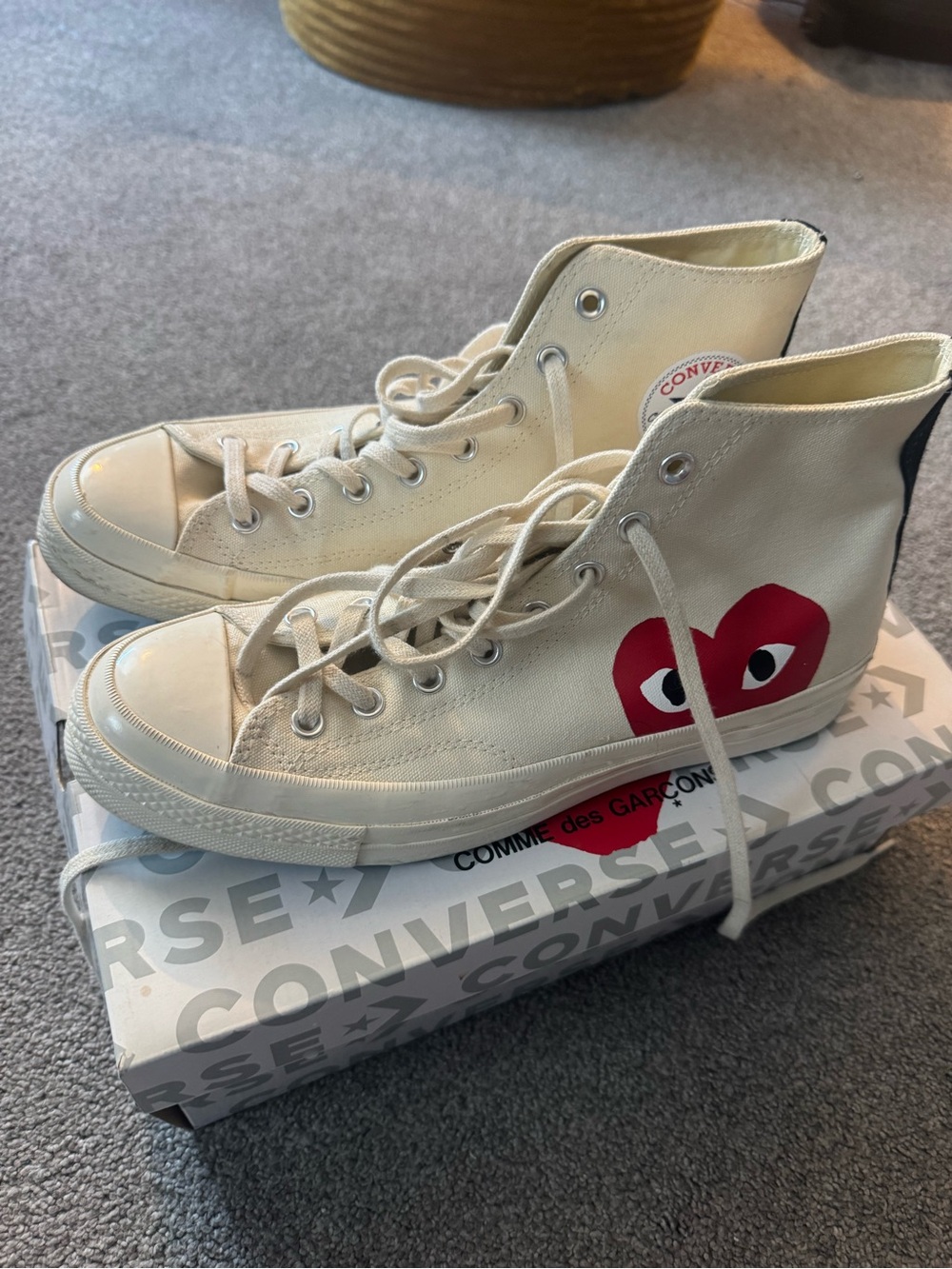 Comme des Garçons PLAY Chuck 70 High-Top Sneakers in Cream with Red Heart
